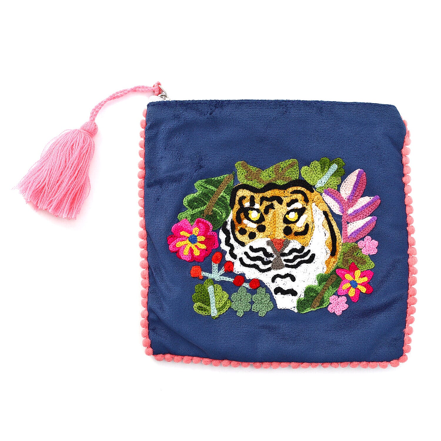 Suede Fabric Zipper Pouch with Colourful Thread Work (Size 17 Cm) - Blue