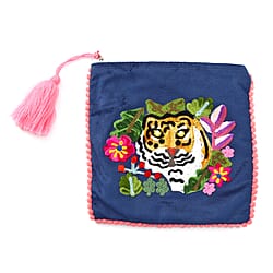 Suede Fabric Zipper Pouch with Colourful Thread Work - Blue