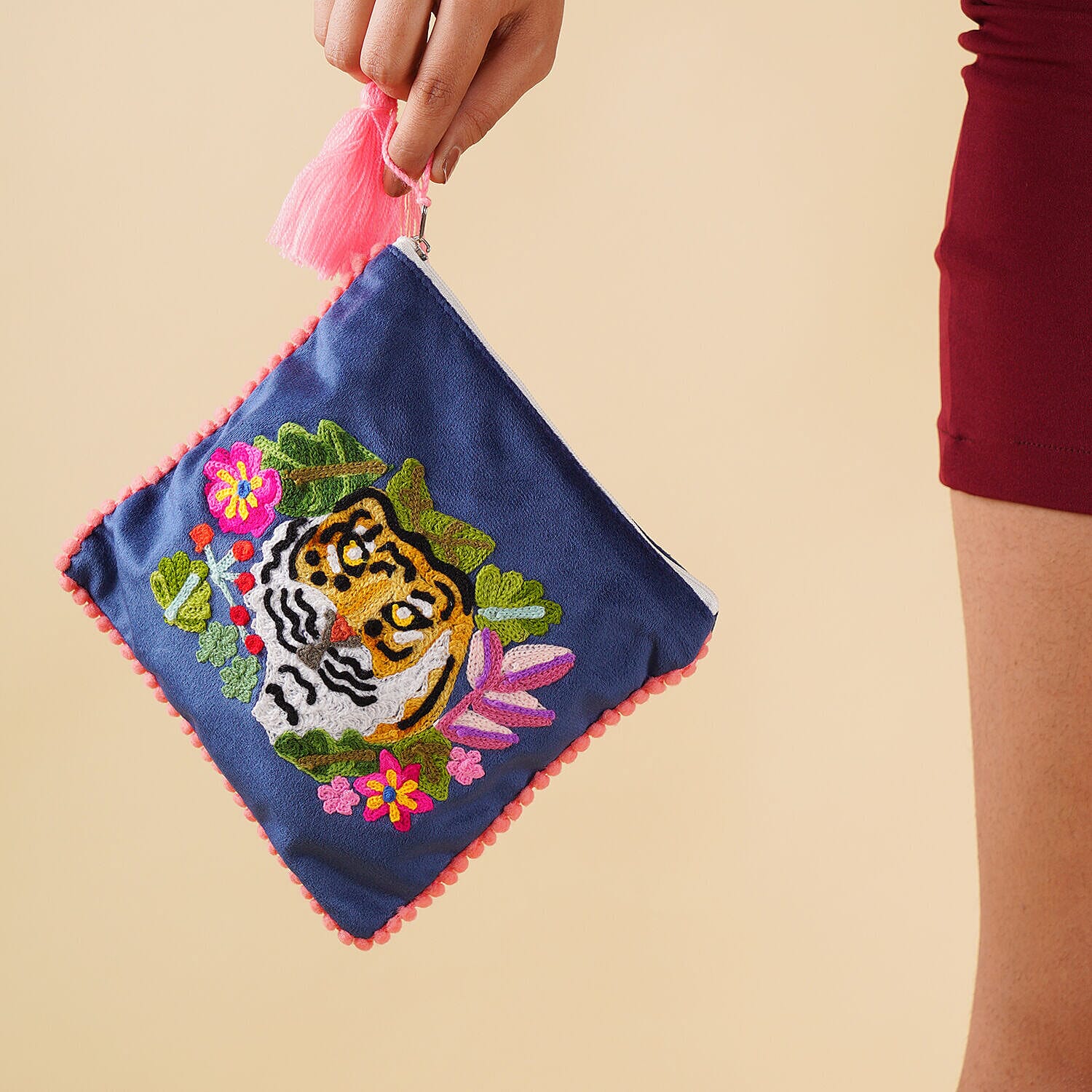 Suede Fabric Zipper Pouch with Colourful Thread Work (Size 17 Cm) - Blue