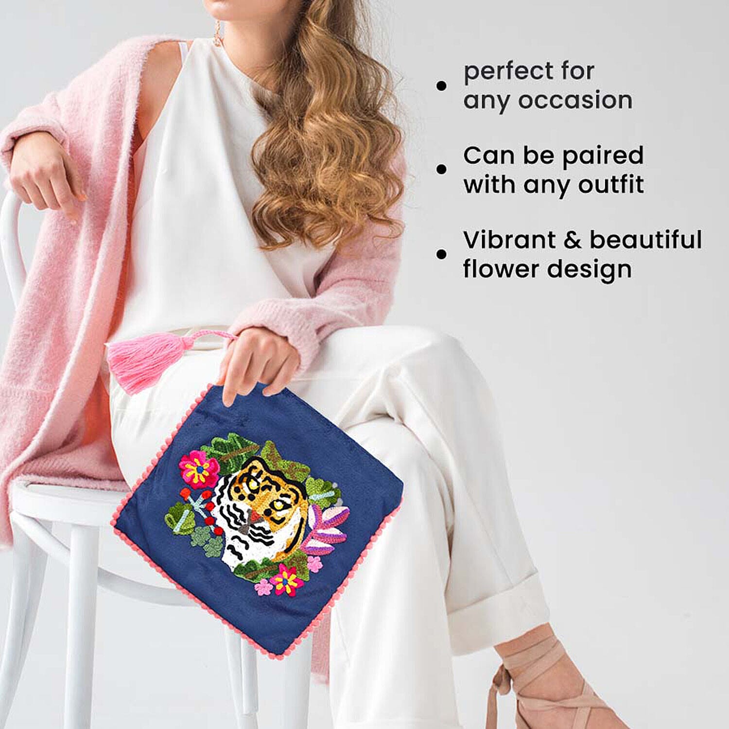 Suede Fabric Zipper Pouch with Colourful Thread Work (Size 17 Cm) - Blue