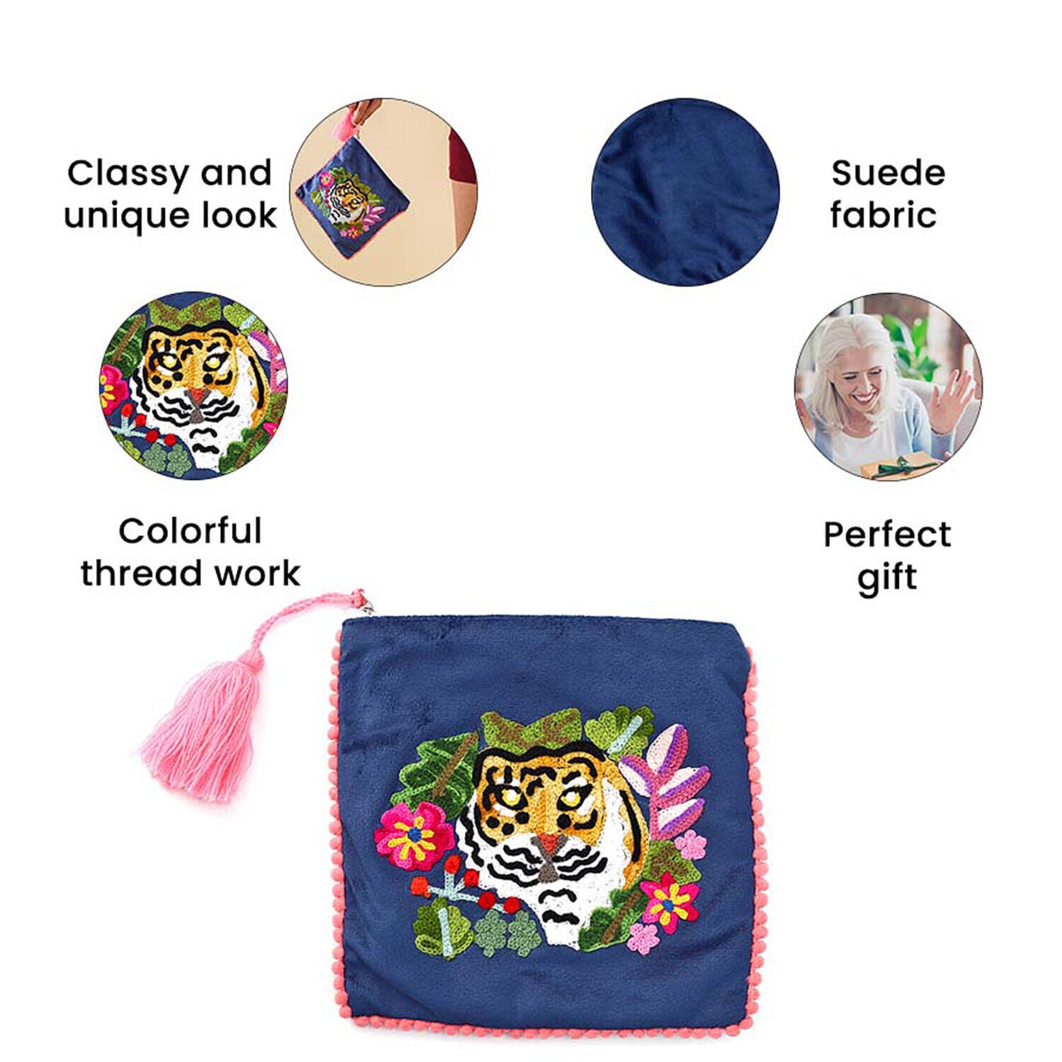 Suede Fabric Zipper Pouch with Colourful Thread Work (Size 17 Cm) - Blue