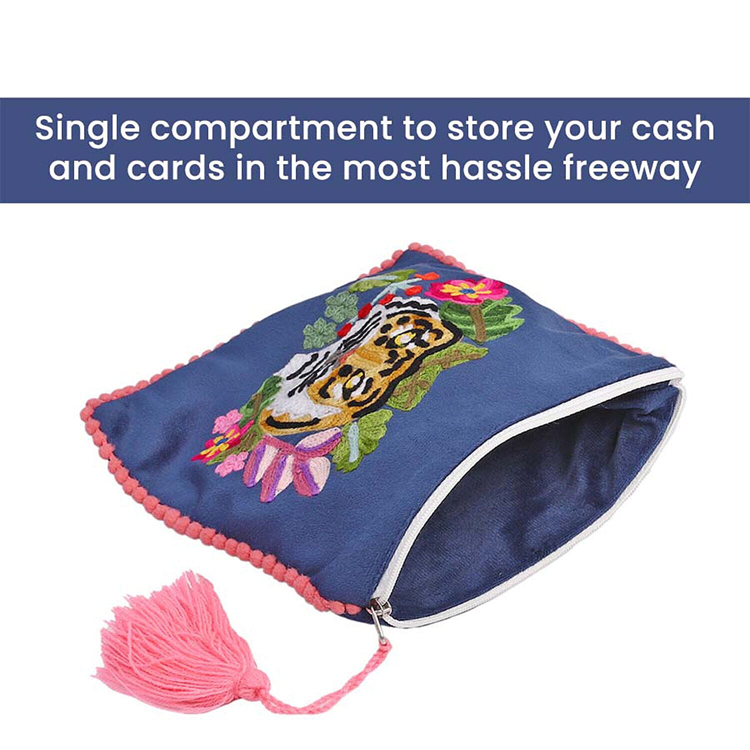 Suede Fabric Zipper Pouch with Colourful Thread Work (Size 17 Cm) - Blue