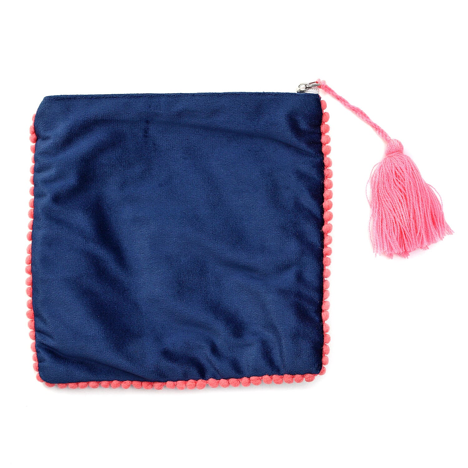 Suede Fabric Zipper Pouch with Colourful Thread Work (Size 17 Cm) - Blue