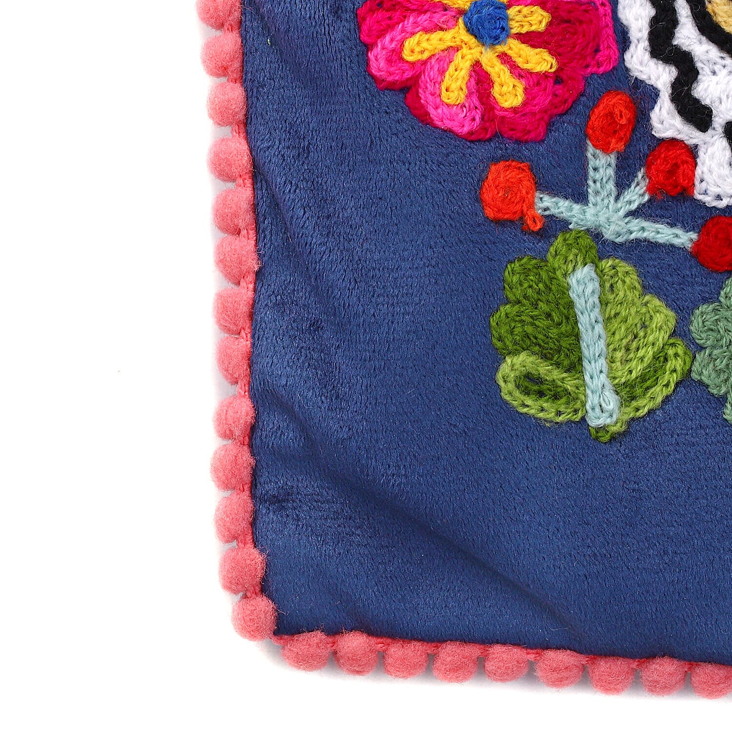 Suede Fabric Zipper Pouch with Colourful Thread Work (Size 17 Cm) - Blue