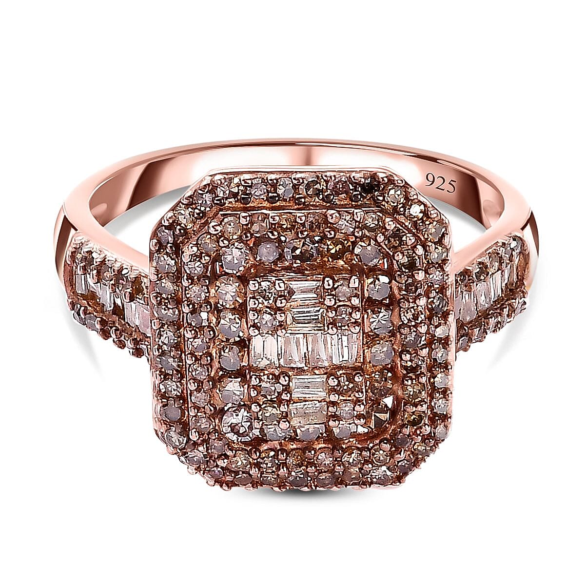 Natural Champagne Diamond Cluster Ring in 18K Rose Gold Vermeil Plated Sterling Silver 1.00 Ct.