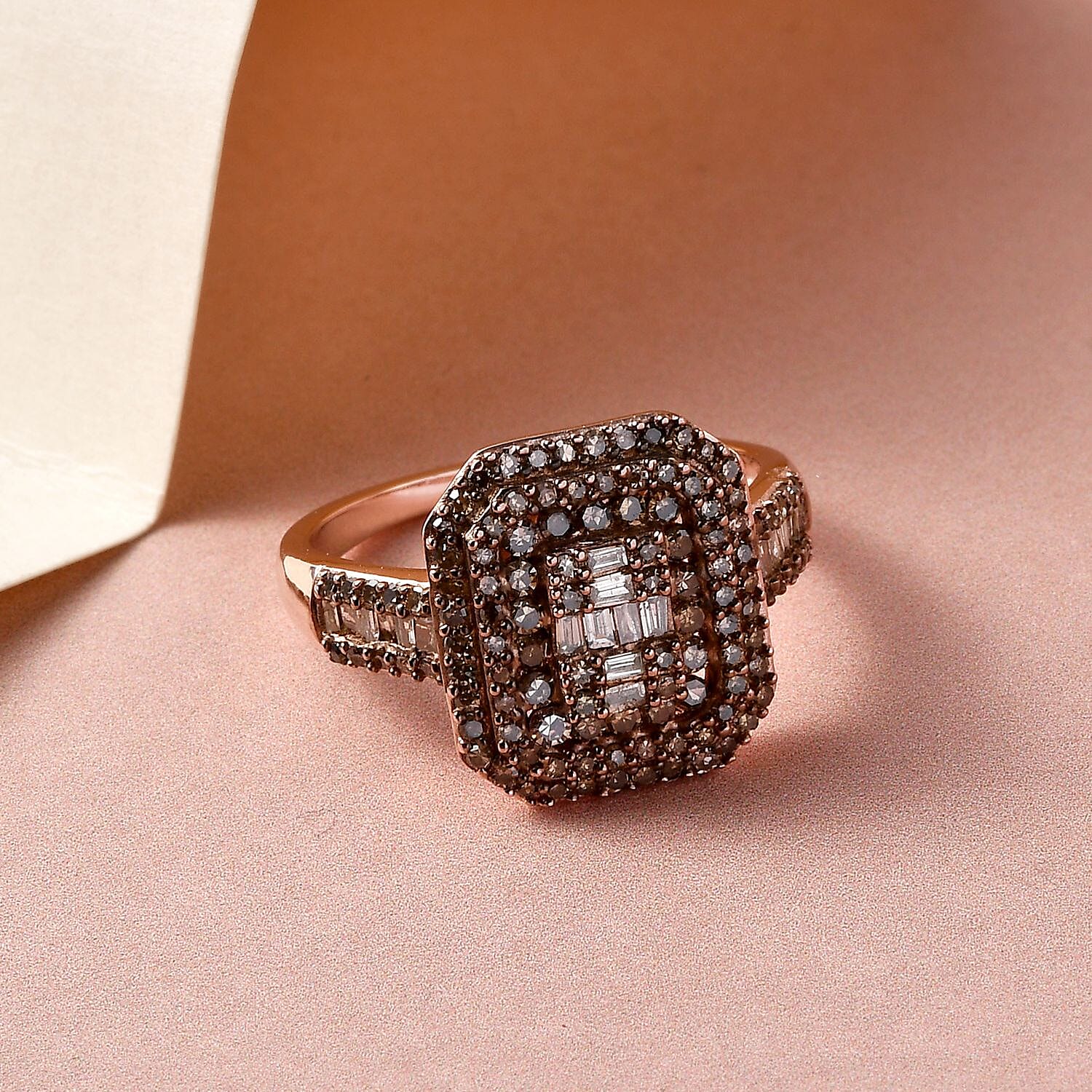 Natural Champagne Diamond Cluster Ring in 18K Rose Gold Vermeil Plated Sterling Silver 1.00 Ct.