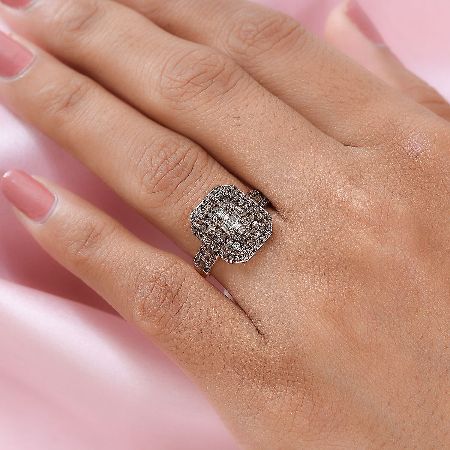 Natural Champagne Diamond Cluster Ring in 18K Rose Gold Vermeil Plated Sterling Silver 1.00 Ct.