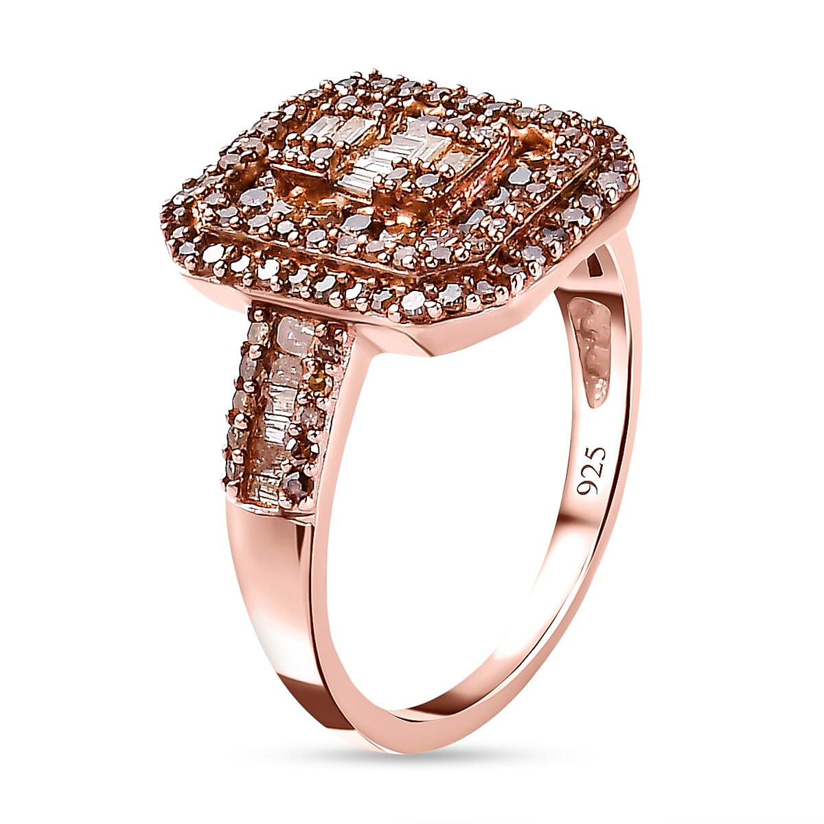 Natural Champagne Diamond Cluster Ring in 18K Rose Gold Vermeil Plated Sterling Silver 1.00 Ct.