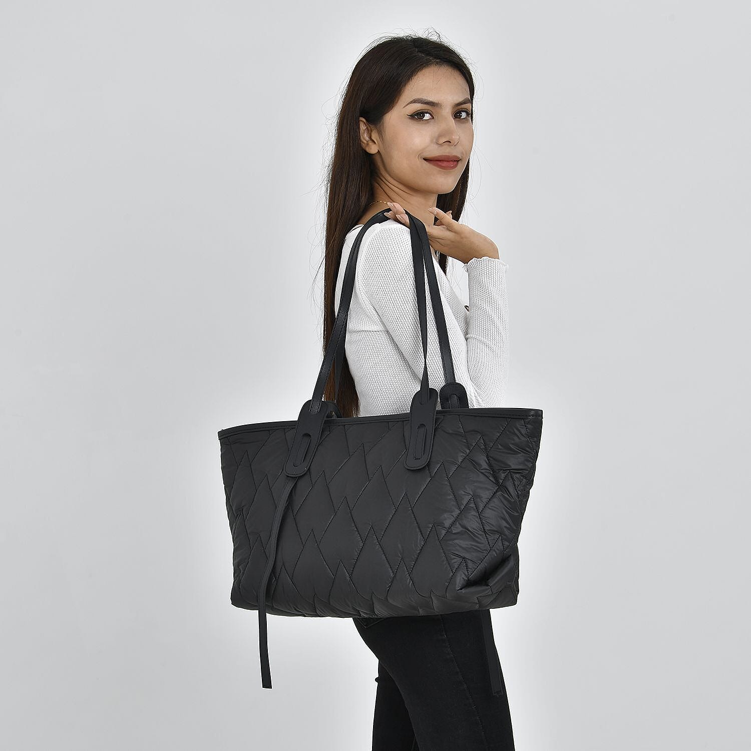 Quilted Pattern Tote Bag with Hand Drop (Size 56x30x16 Cm) - Black