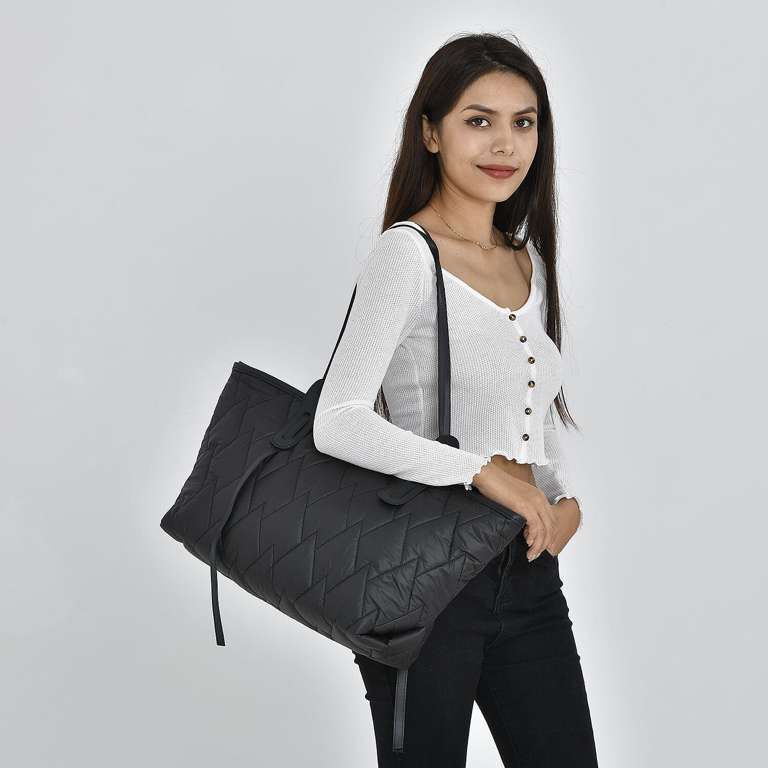 Quilted Pattern Tote Bag with Hand Drop (Size 56x30x16 Cm) - Black