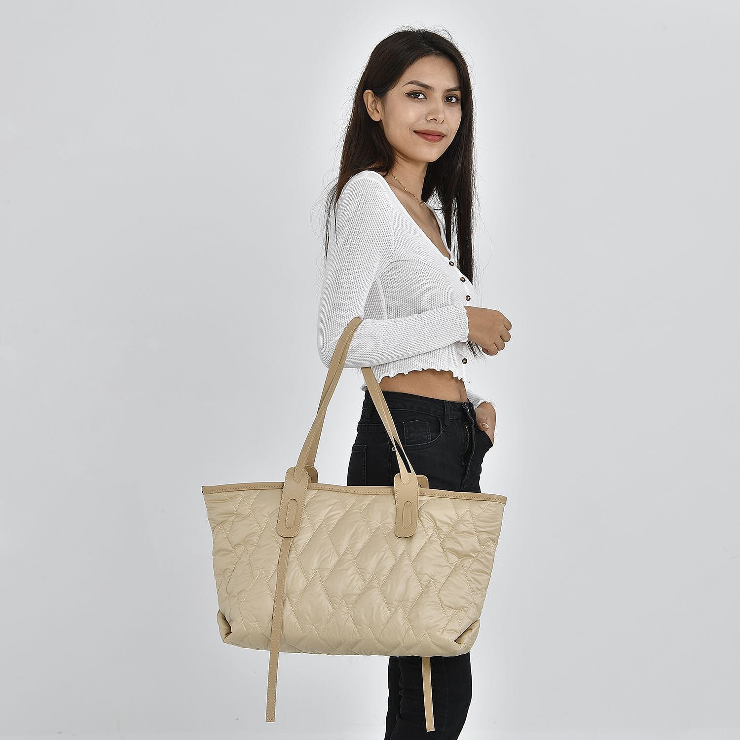 Quilted Pattern Tote Bag with Hand Drop (Size 56x30x16 Cm) - Beige