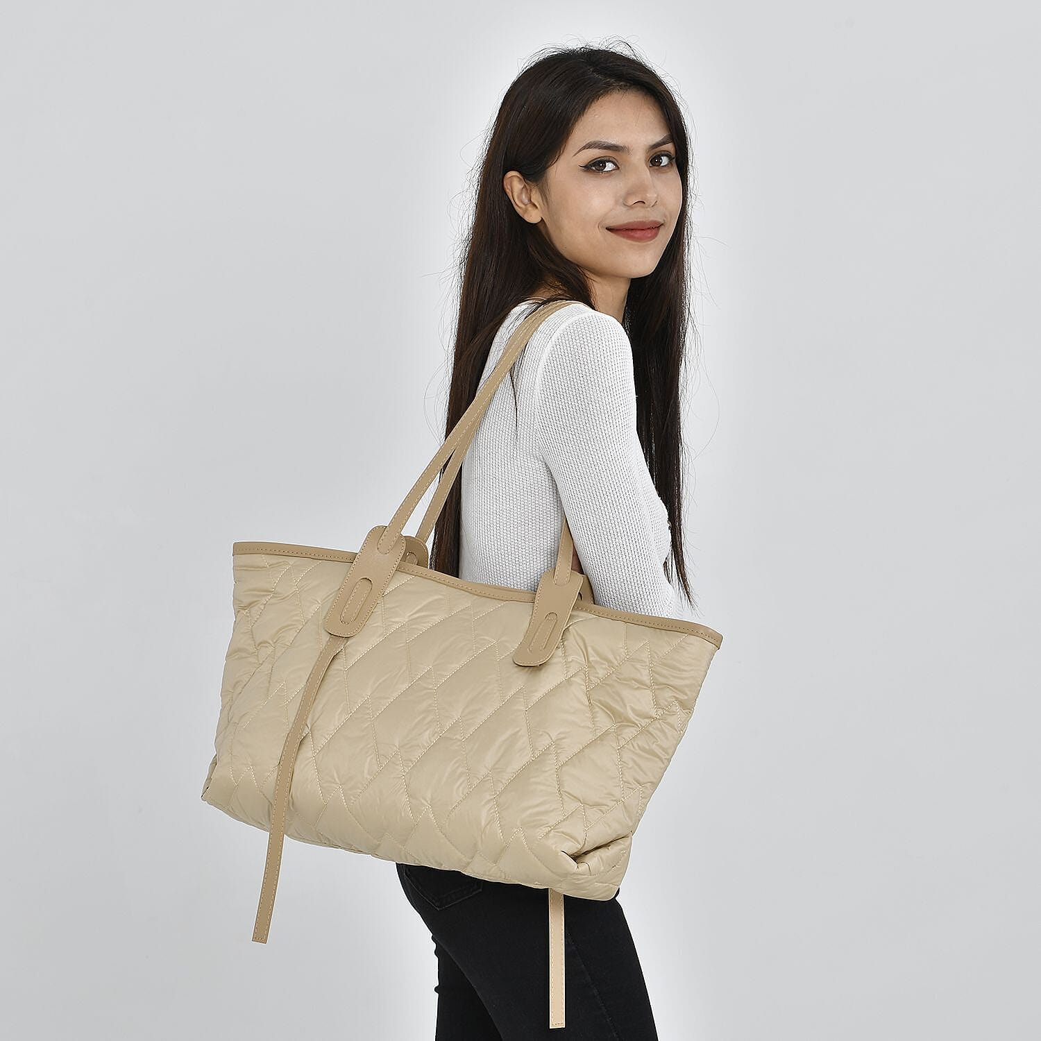 Quilted Pattern Tote Bag with Hand Drop (Size 56x30x16 Cm) - Beige