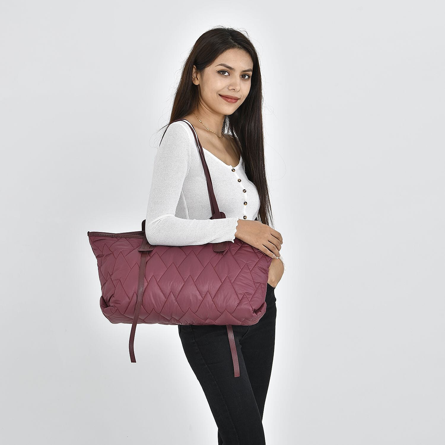 Quilted Pattern Tote Bag with Hand Drop (Size 56x30x16 Cm) - Maroon