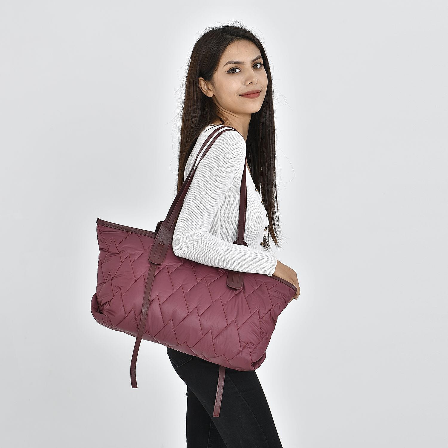 Quilted Pattern Tote Bag with Hand Drop (Size 56x30x16 Cm) - Maroon