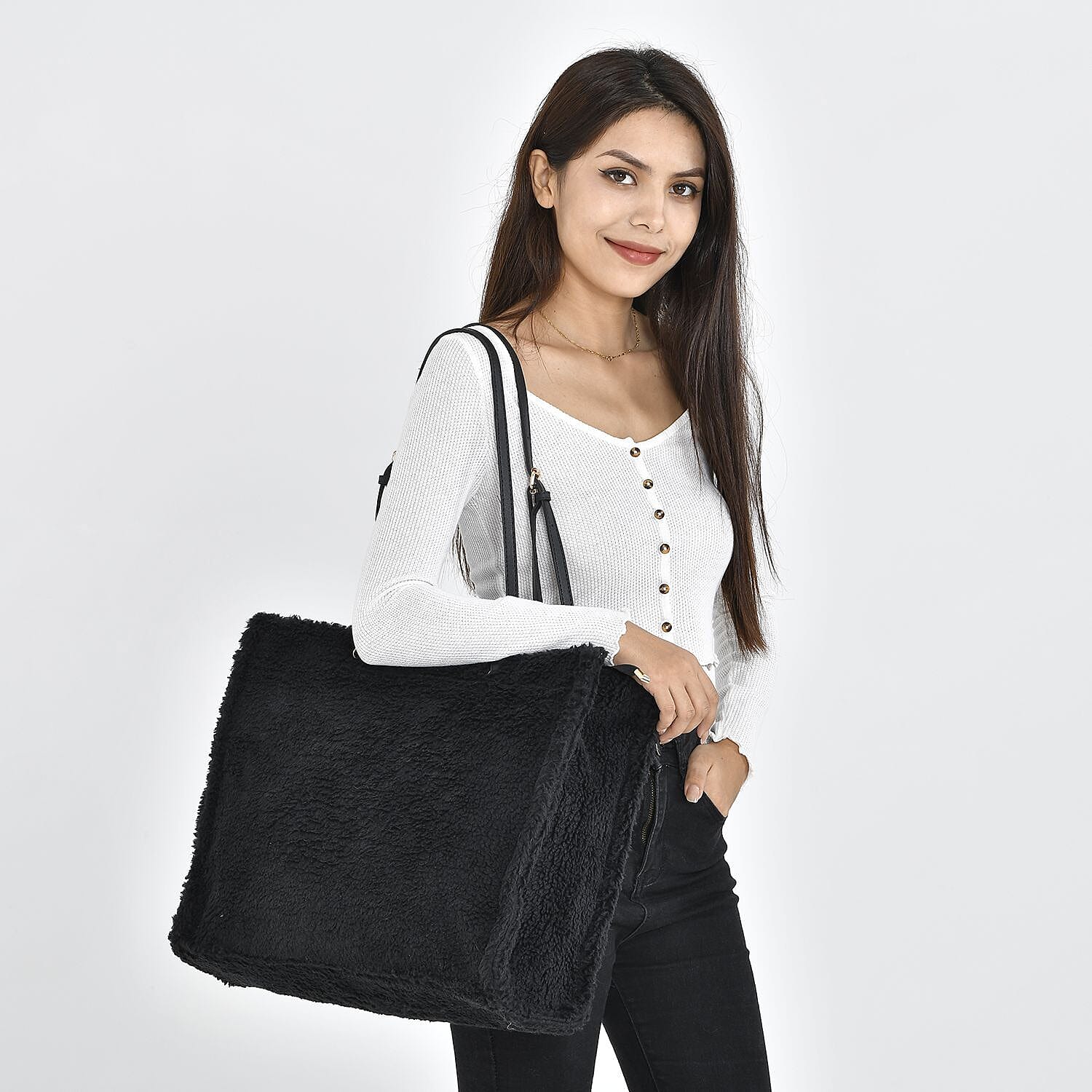 Fur Tote Bag with Hand Drop - Black