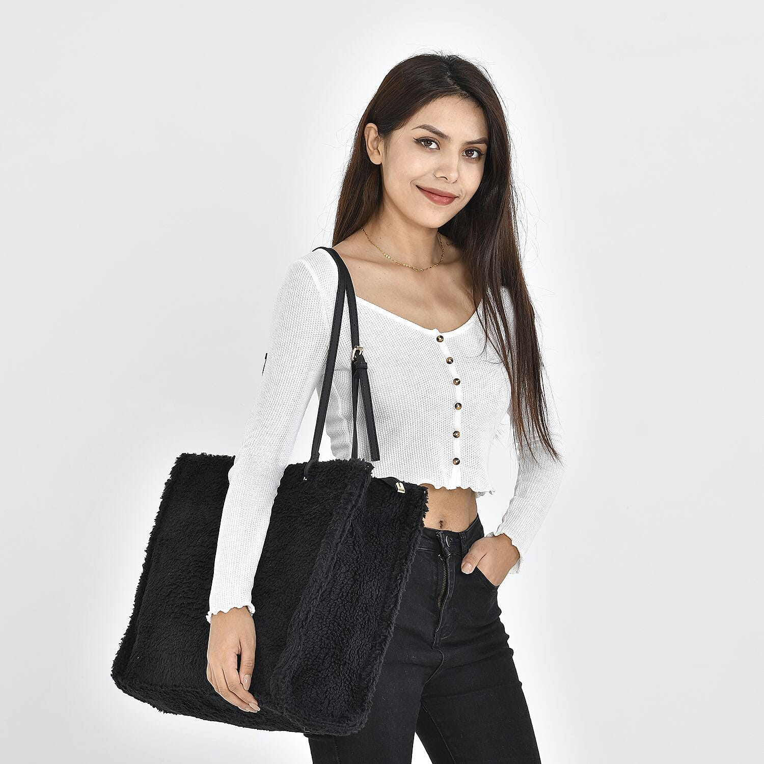 Fur Tote Bag with Hand Drop - Black