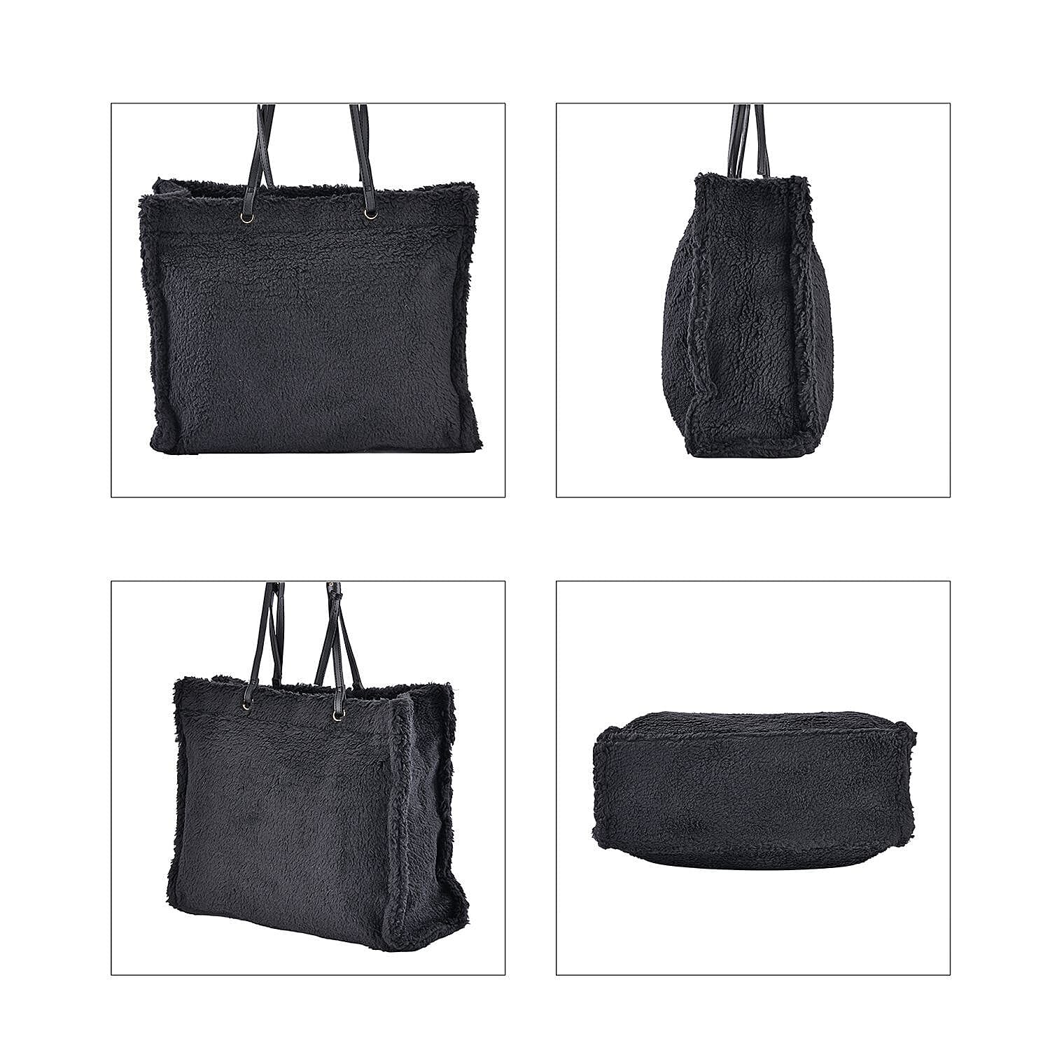 Fur Tote Bag with Hand Drop - Black