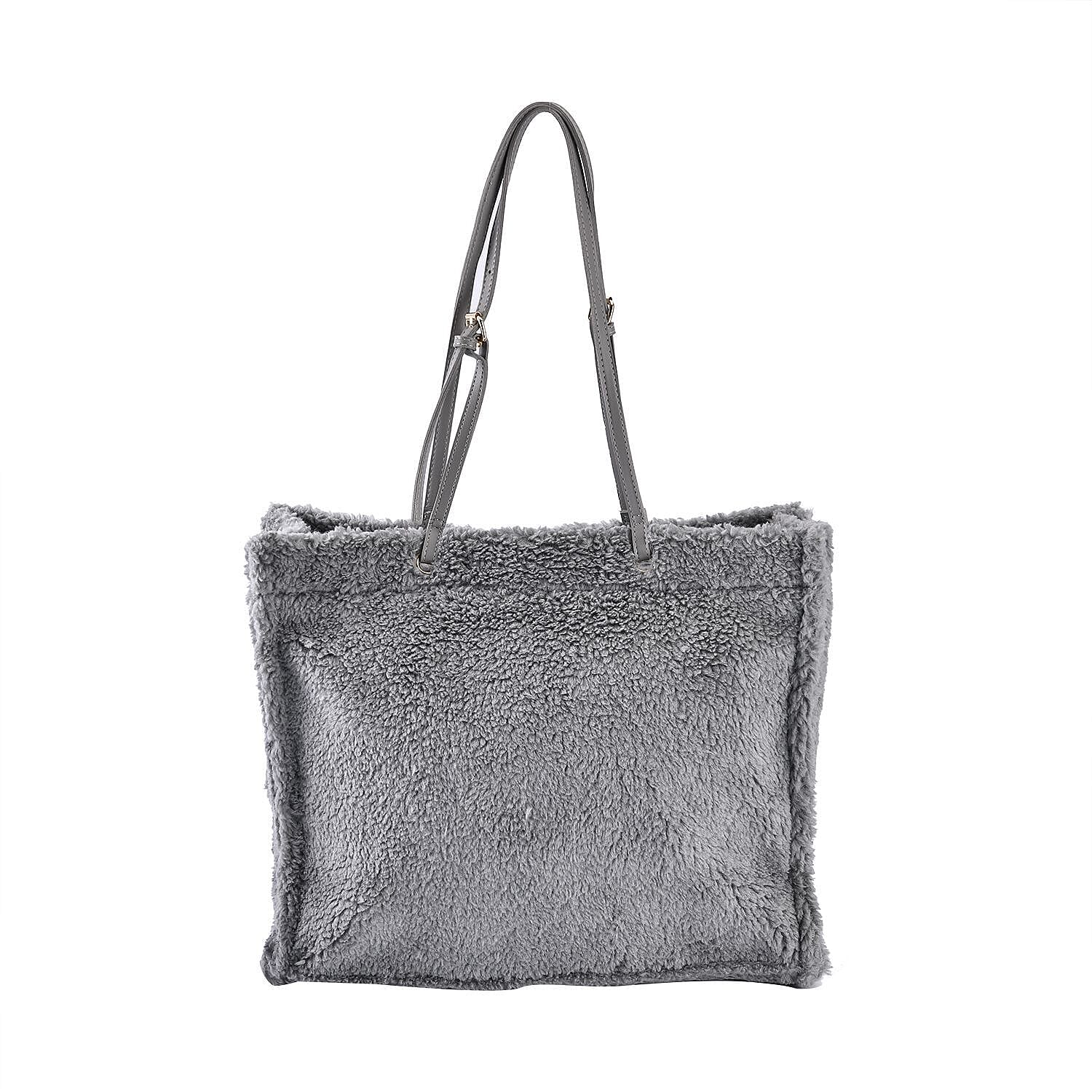 Fur Tote Bag with Hand Drop (Size 44x36x16 Cm) - Grey