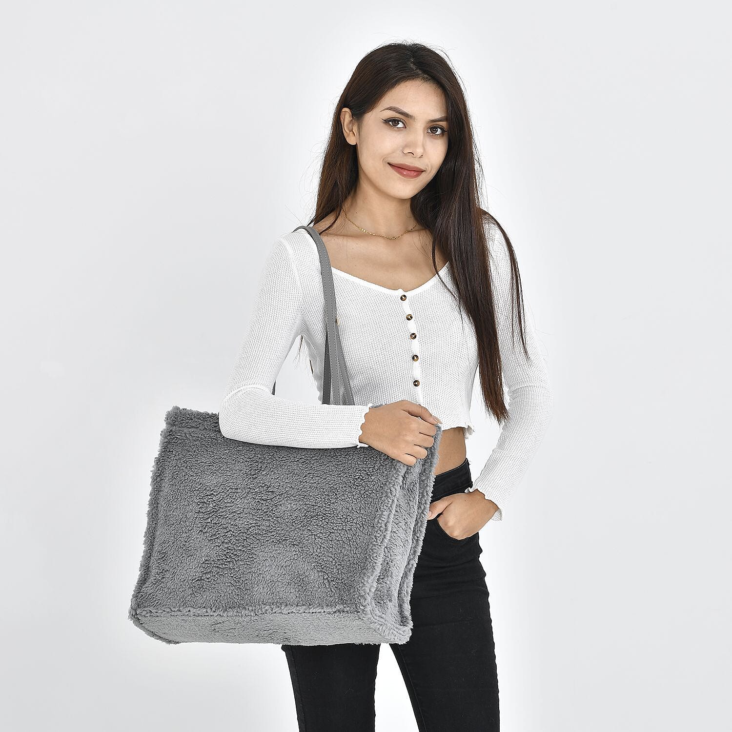 Fur Tote Bag with Hand Drop (Size 44x36x16 Cm) - Grey