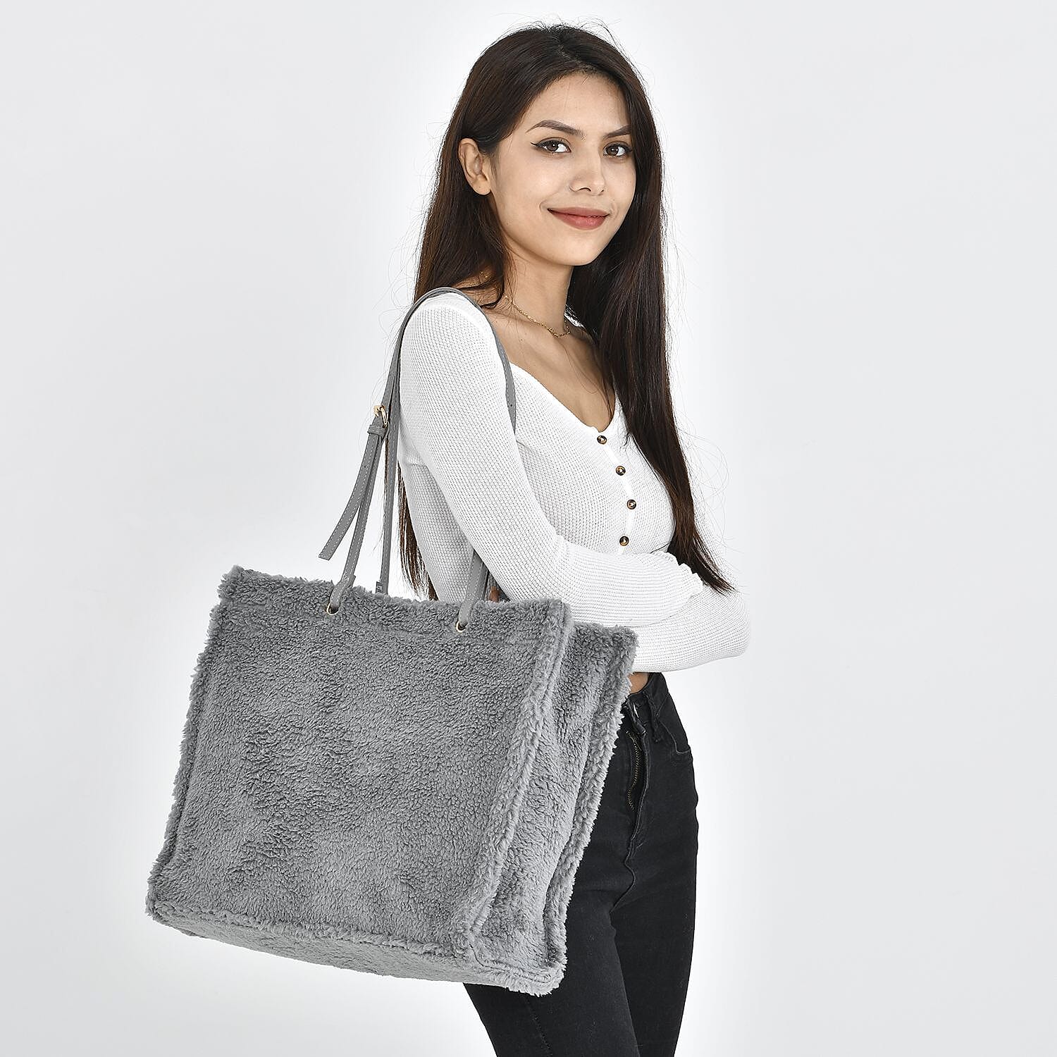 Fur Tote Bag with Hand Drop (Size 44x36x16 Cm) - Grey