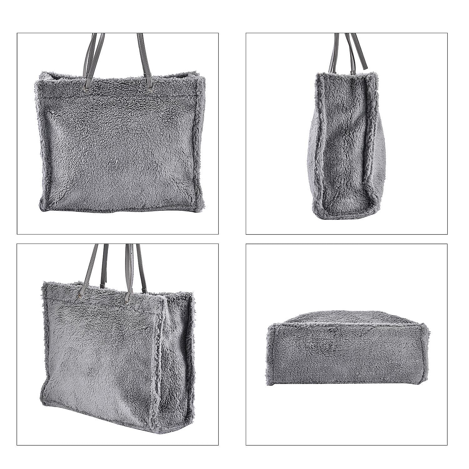 Fur Tote Bag with Hand Drop (Size 44x36x16 Cm) - Grey