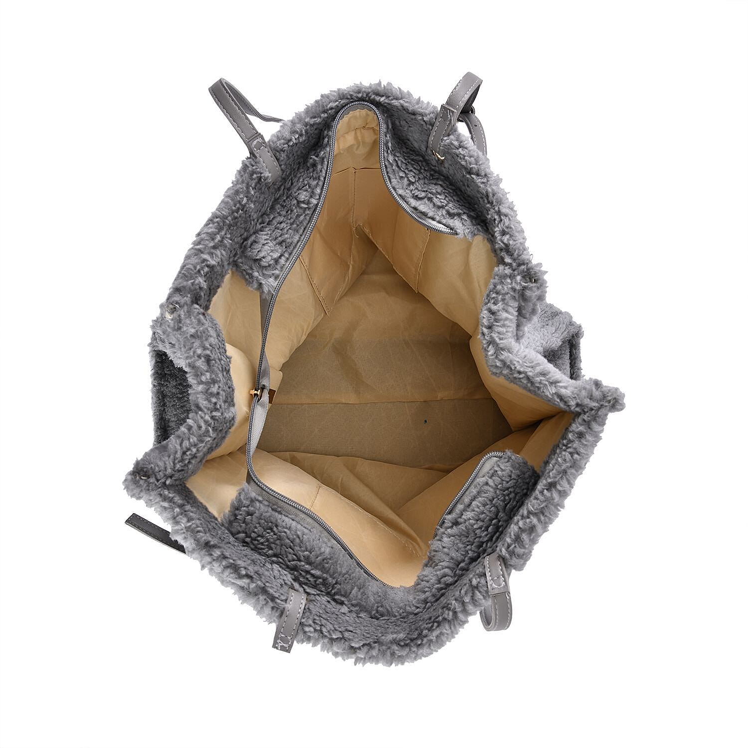 Fur Tote Bag with Hand Drop (Size 44x36x16 Cm) - Grey