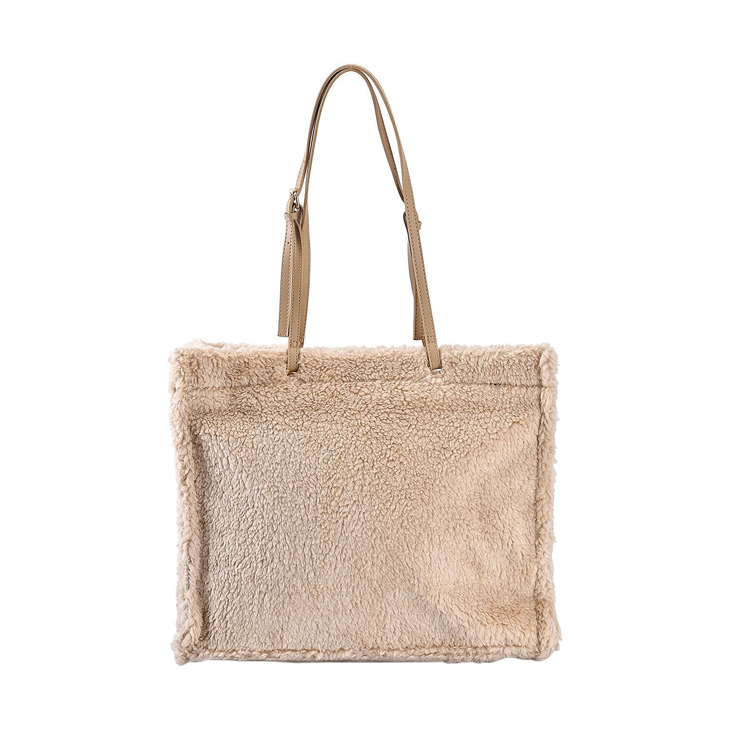 Fur Tote Bag with Hand Drop (Size 44x36x16 Cm) - Beige