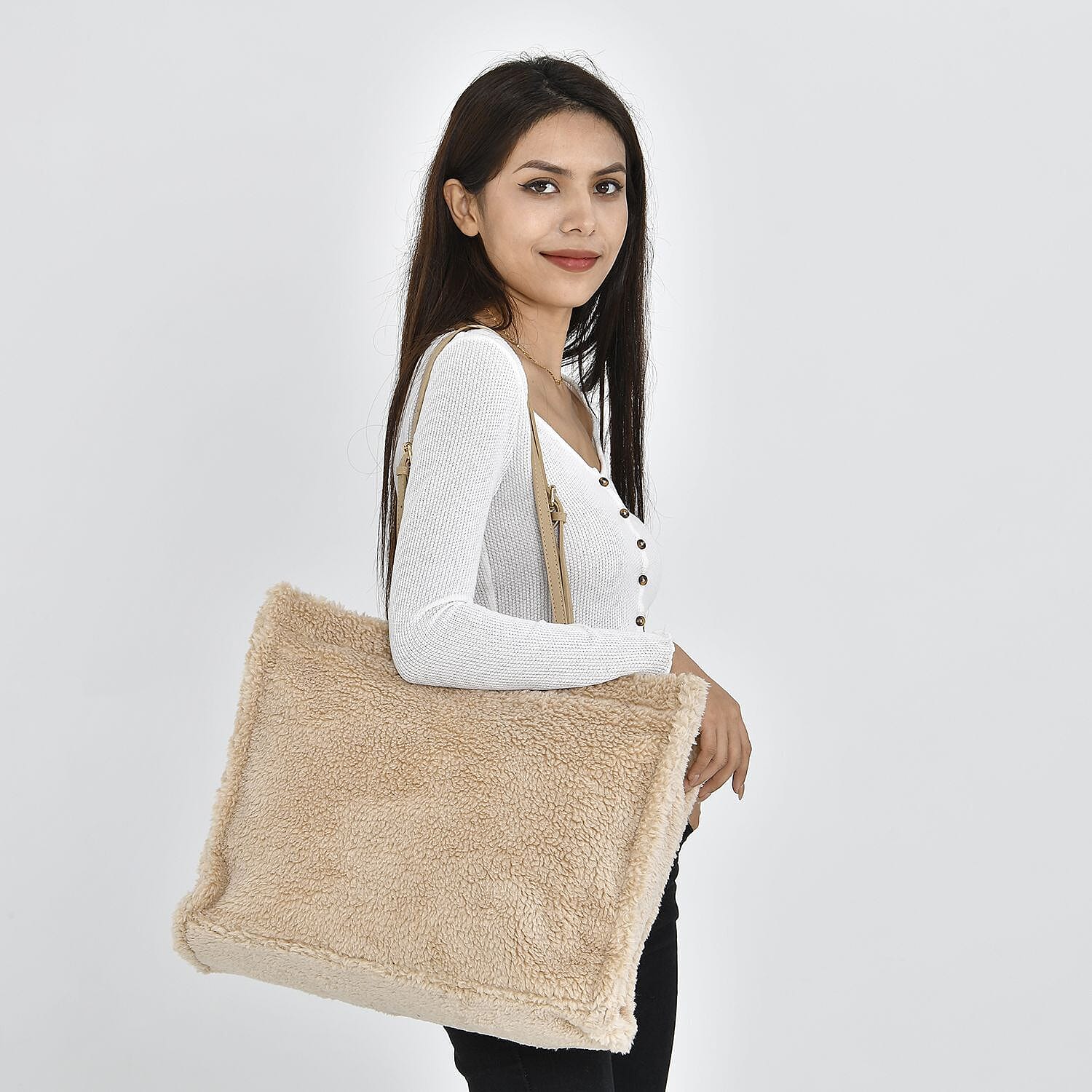 Fur Tote Bag with Hand Drop (Size 44x36x16 Cm) - Beige