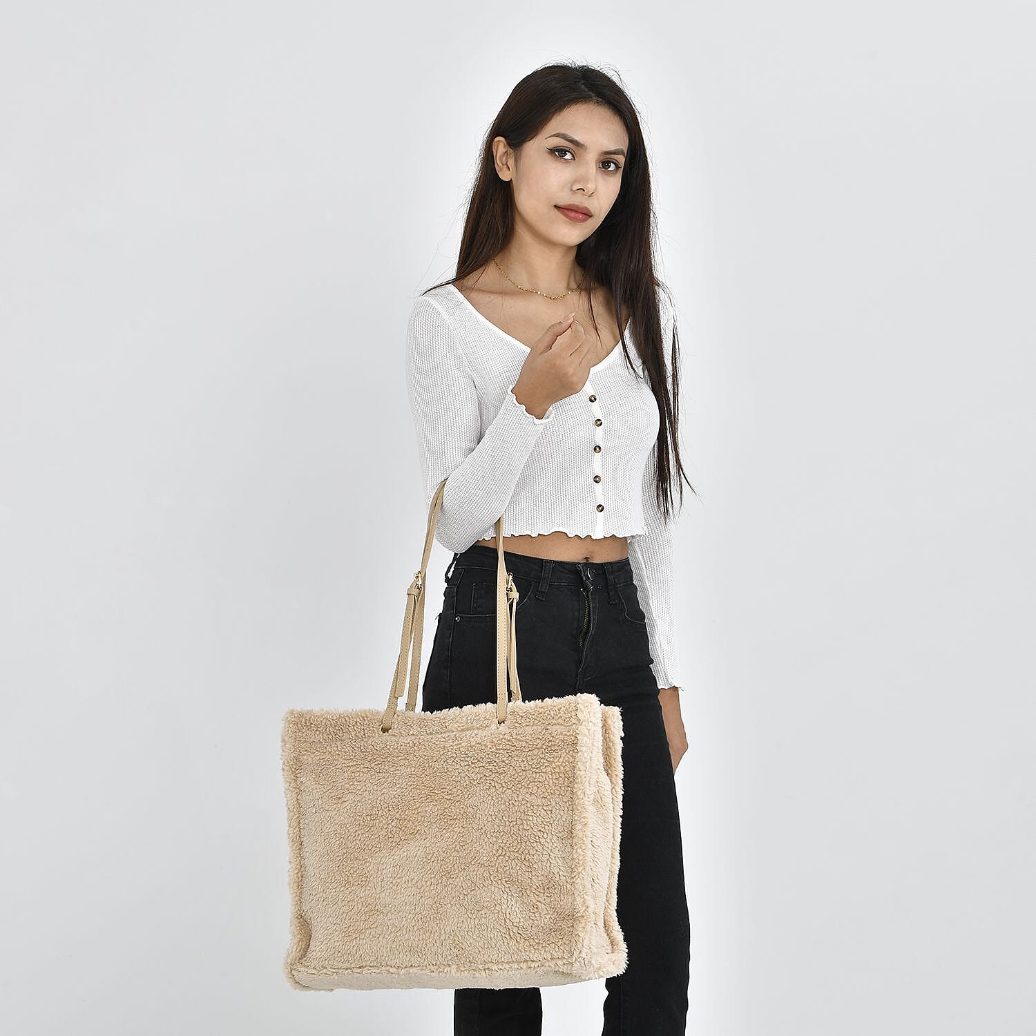 Fur Tote Bag with Hand Drop (Size 44x36x16 Cm) - Beige