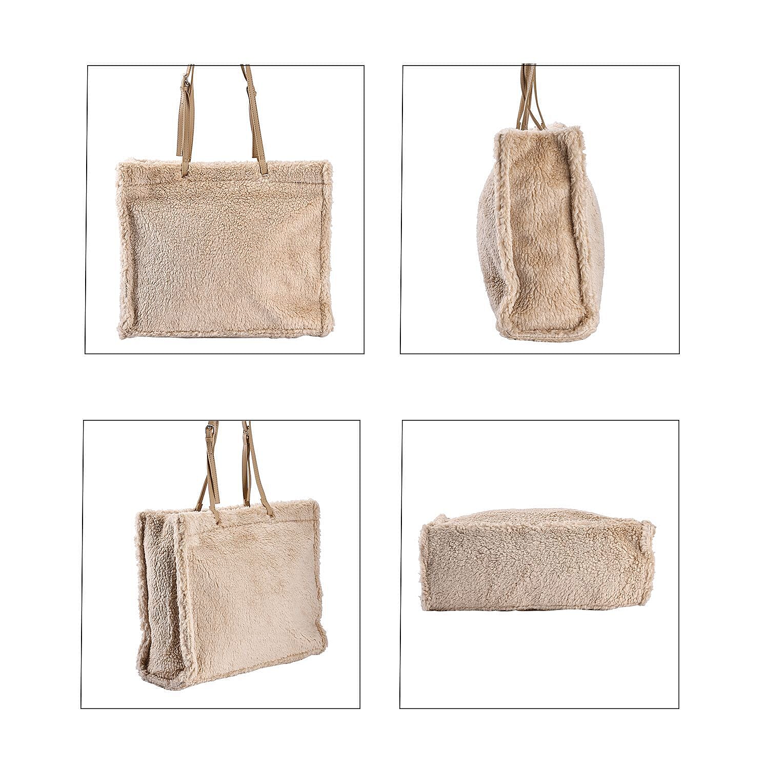 Fur Tote Bag with Hand Drop (Size 44x36x16 Cm) - Beige