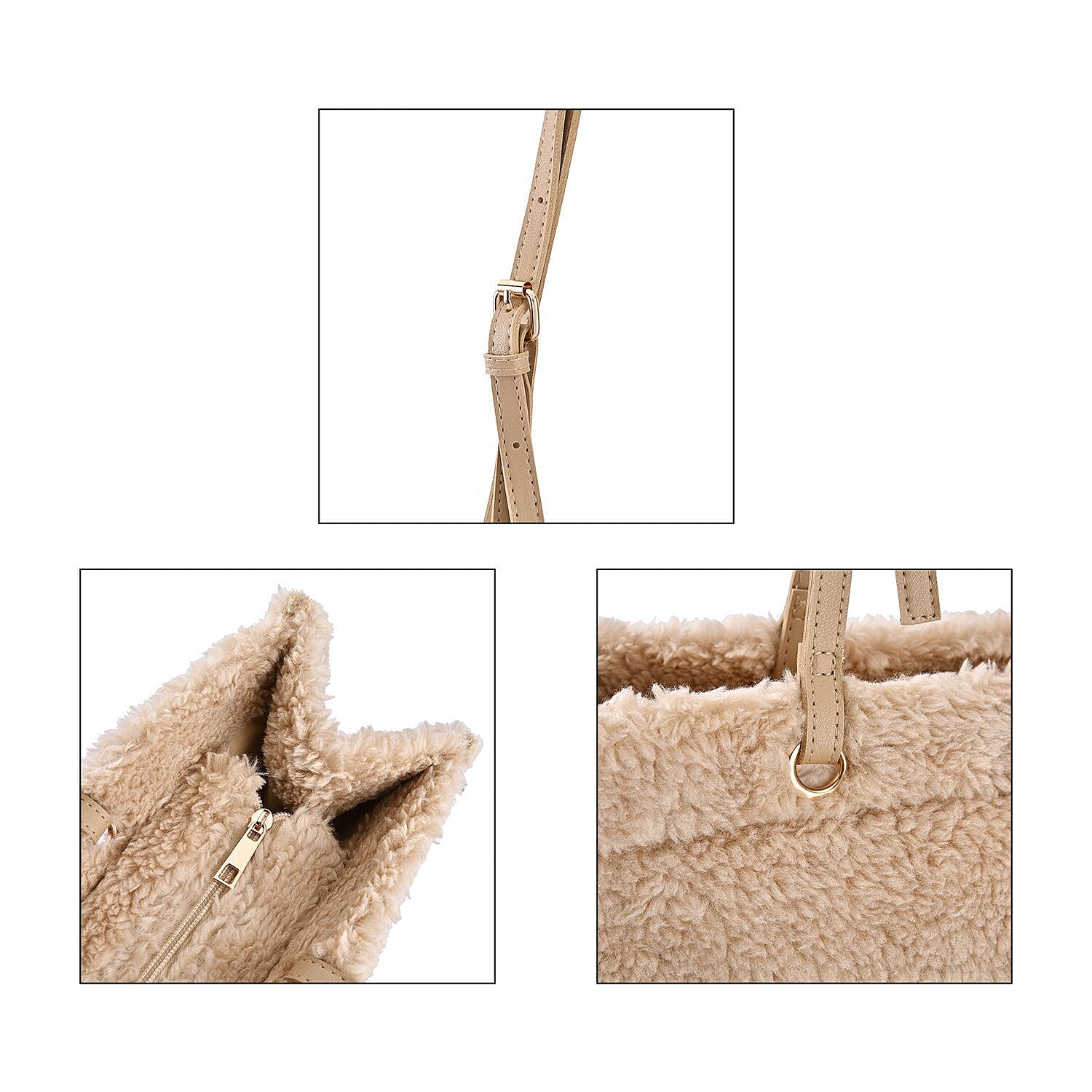Fur Tote Bag with Hand Drop (Size 44x36x16 Cm) - Beige