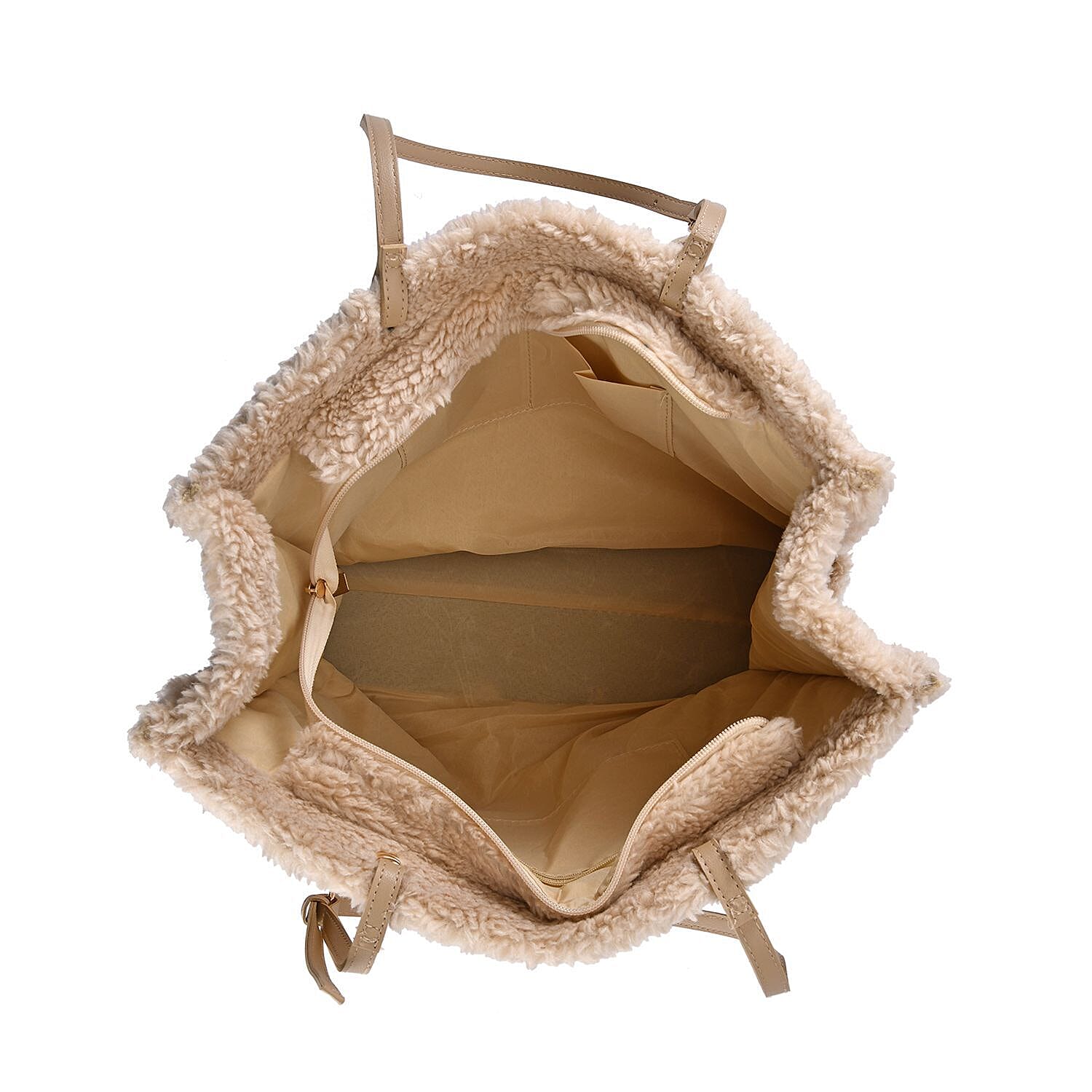 Fur Tote Bag with Hand Drop (Size 44x36x16 Cm) - Beige