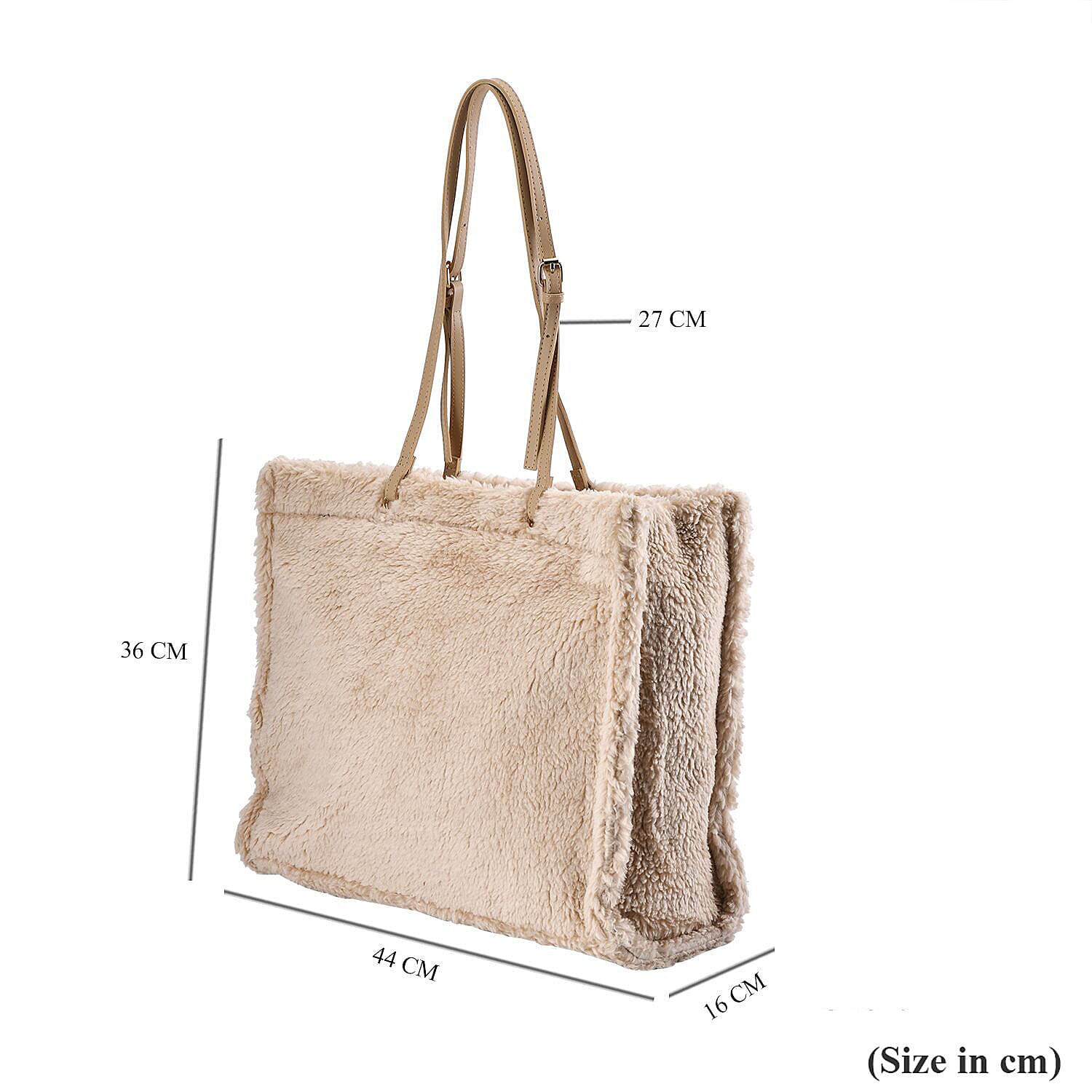 Fur Tote Bag with Hand Drop (Size 44x36x16 Cm) - Beige