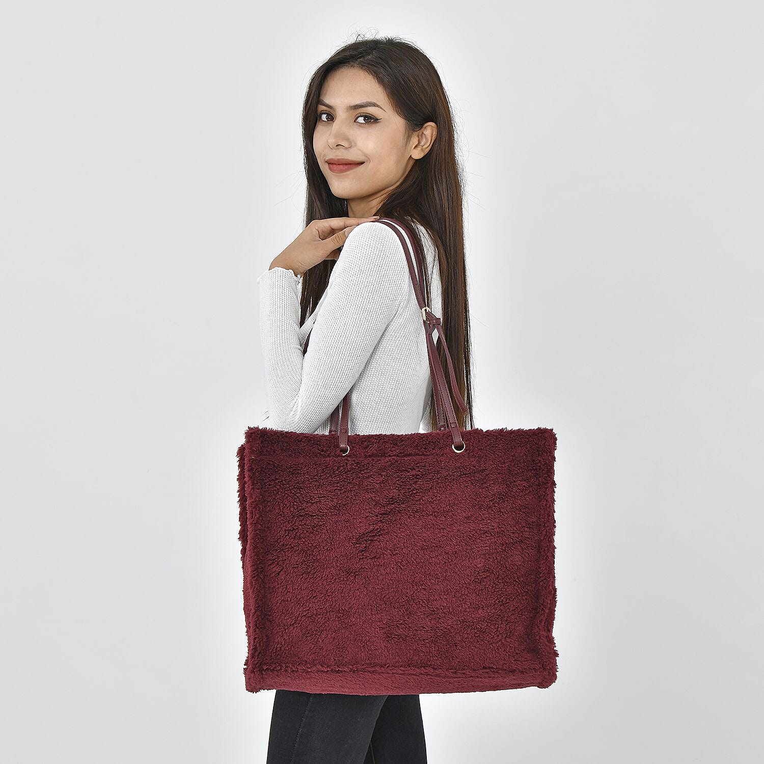 Fur Tote Bag with Hand Drop (Size 44x36x16 Cm) - Burgundy