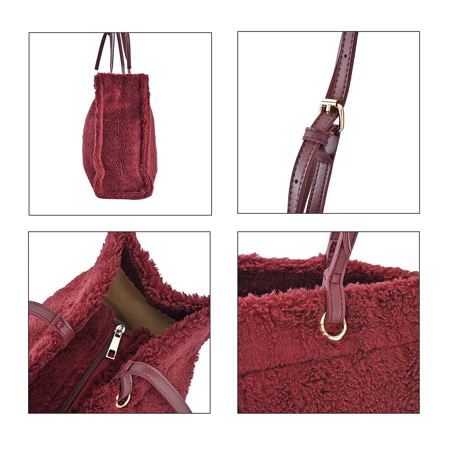 Fur Tote Bag with Hand Drop (Size 44x36x16 Cm) - Burgundy