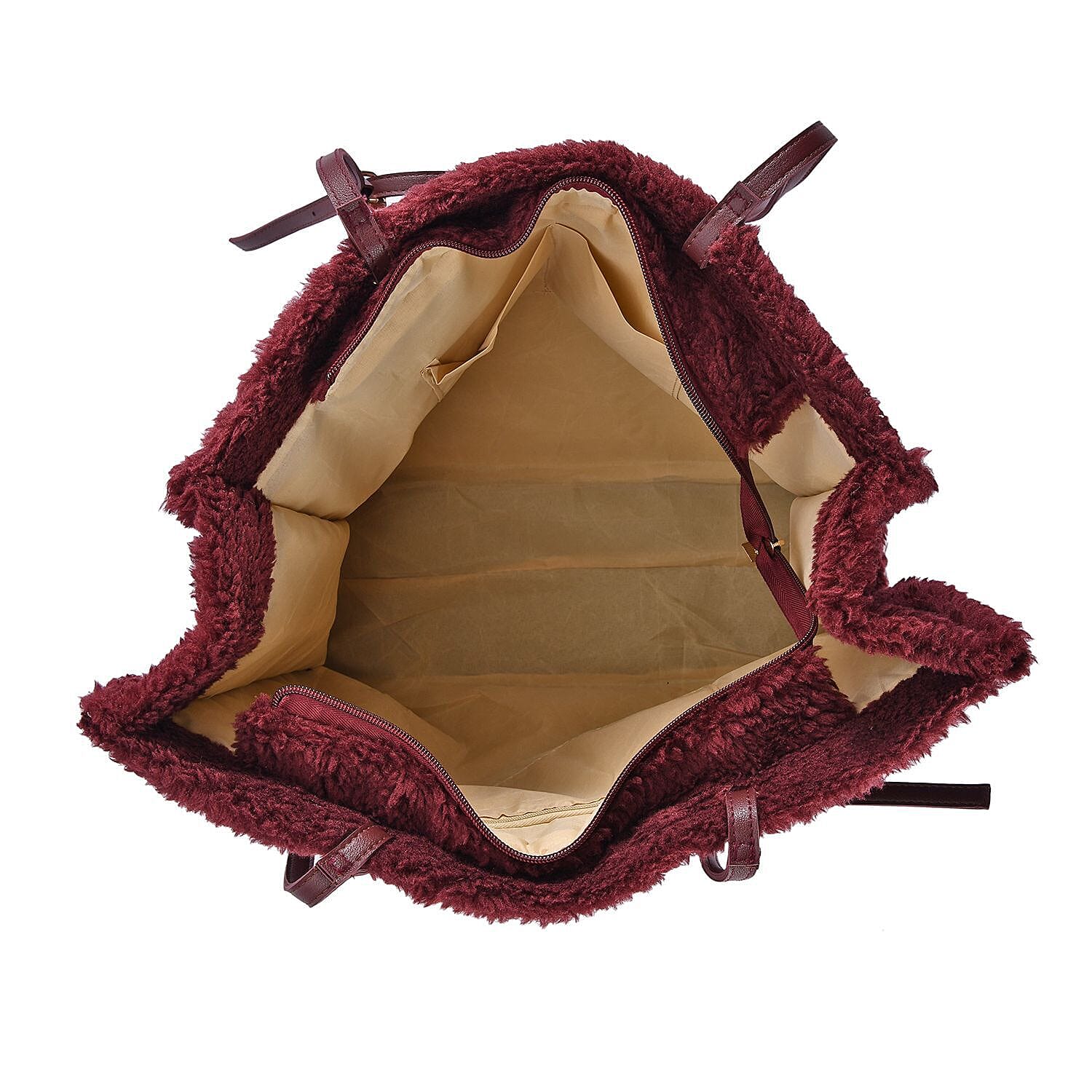 Fur Tote Bag with Hand Drop (Size 44x36x16 Cm) - Burgundy
