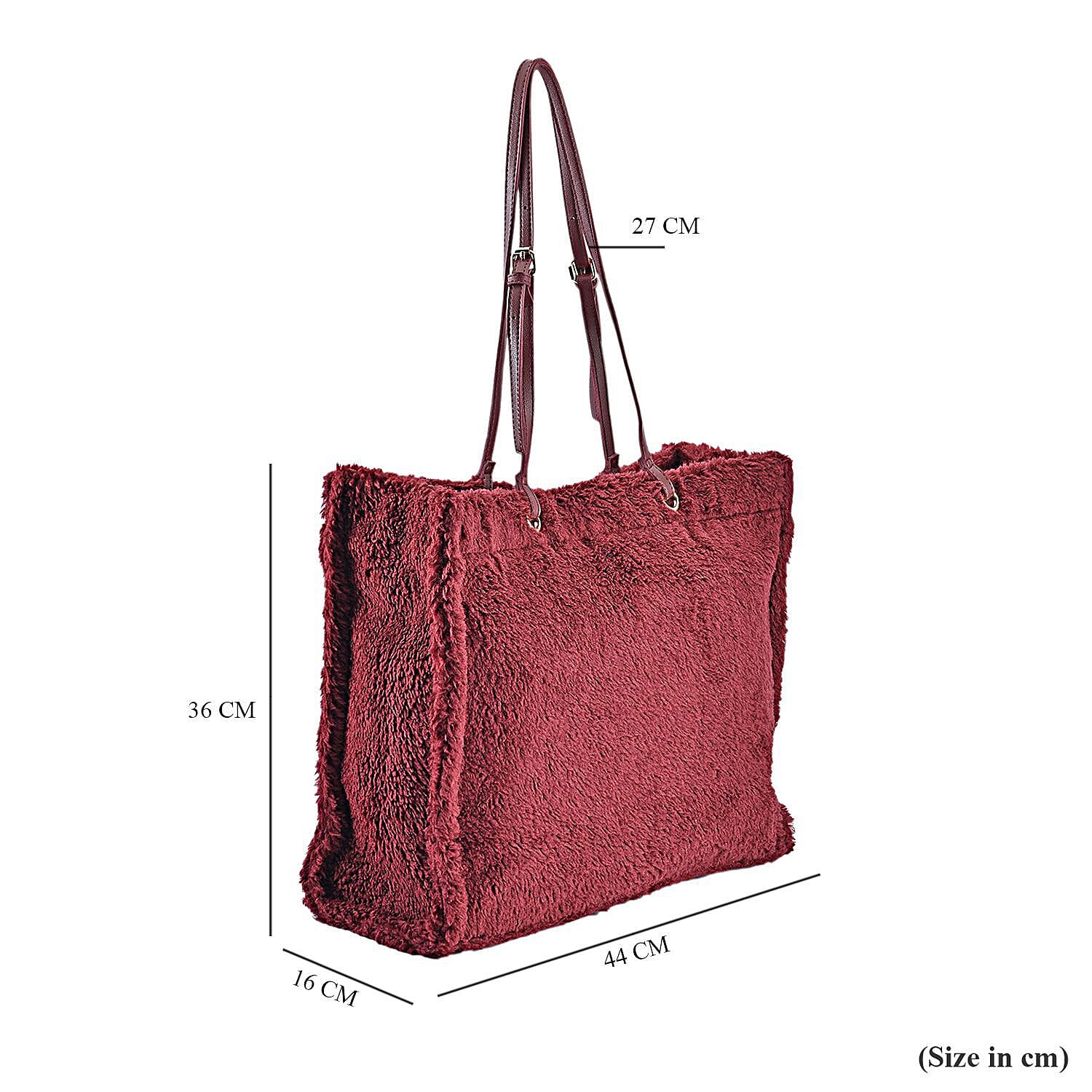 Fur Tote Bag with Hand Drop (Size 44x36x16 Cm) - Burgundy