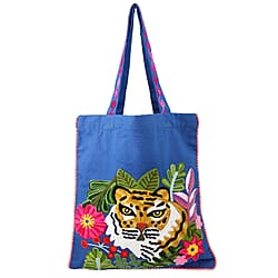 Canvas Fabric Tote Bag with Colourful Thread Work - Blue