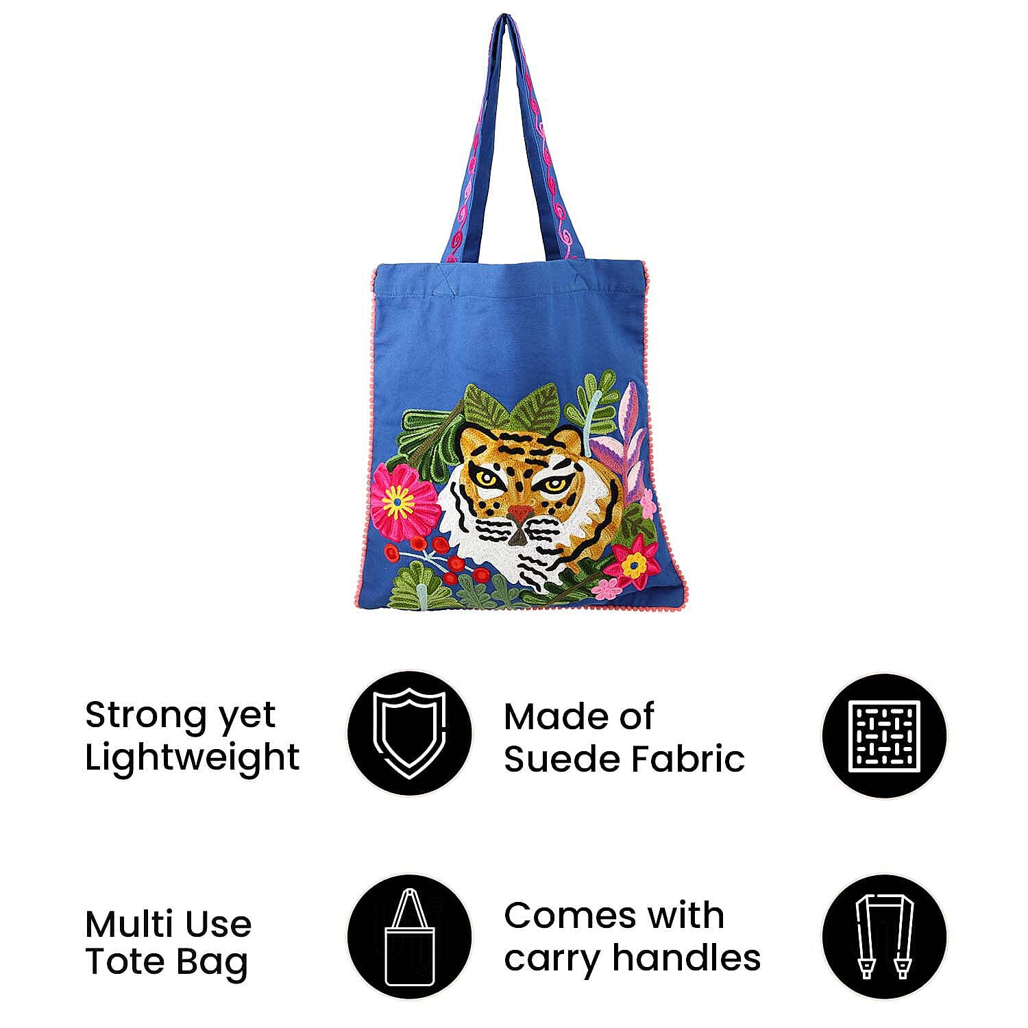 Embroidered Tote Bag with Colourful Thread Work (Size 35x40 Cm) - Blue