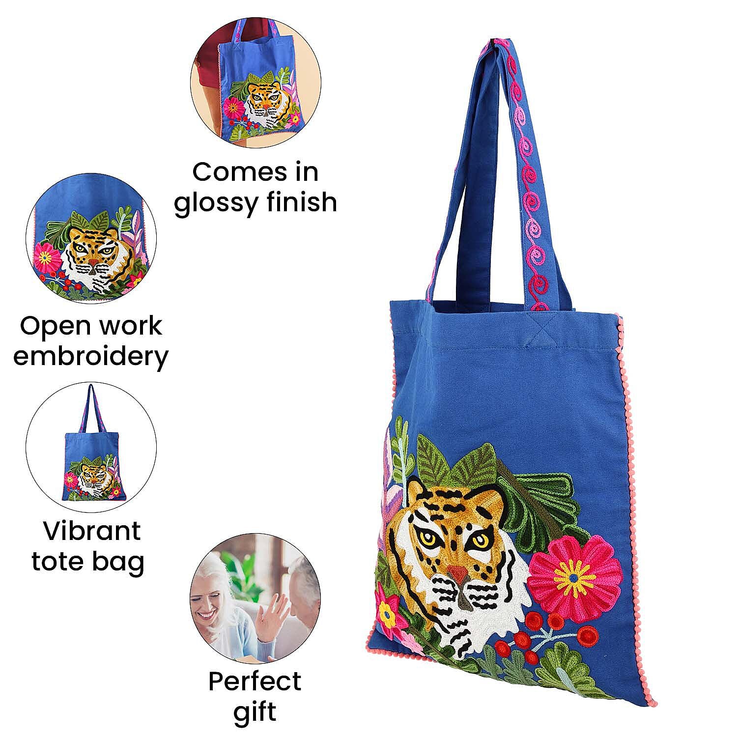 Embroidered Tote Bag with Colourful Thread Work (Size 35x40 Cm) - Blue