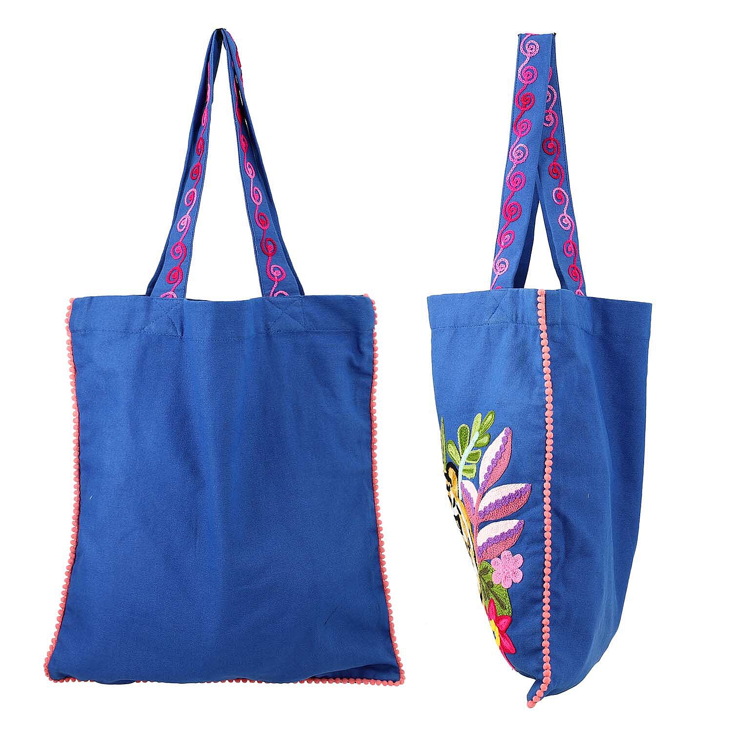 Embroidered Tote Bag with Colourful Thread Work (Size 35x40 Cm) - Blue