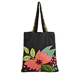 Canvas Fabric Tote Bag with Colourful Thread Work - Black