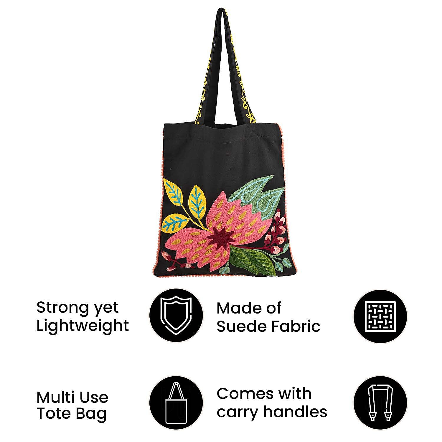 Floral Embroidered Multi Purpose Tote Bag - Black