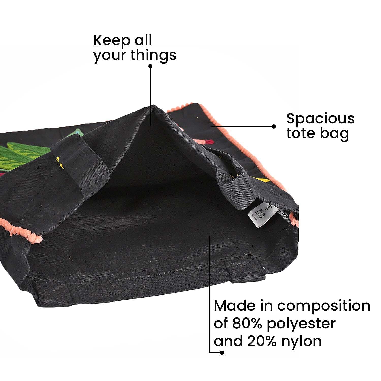 Floral Embroidered Multi Purpose Tote Bag - Black