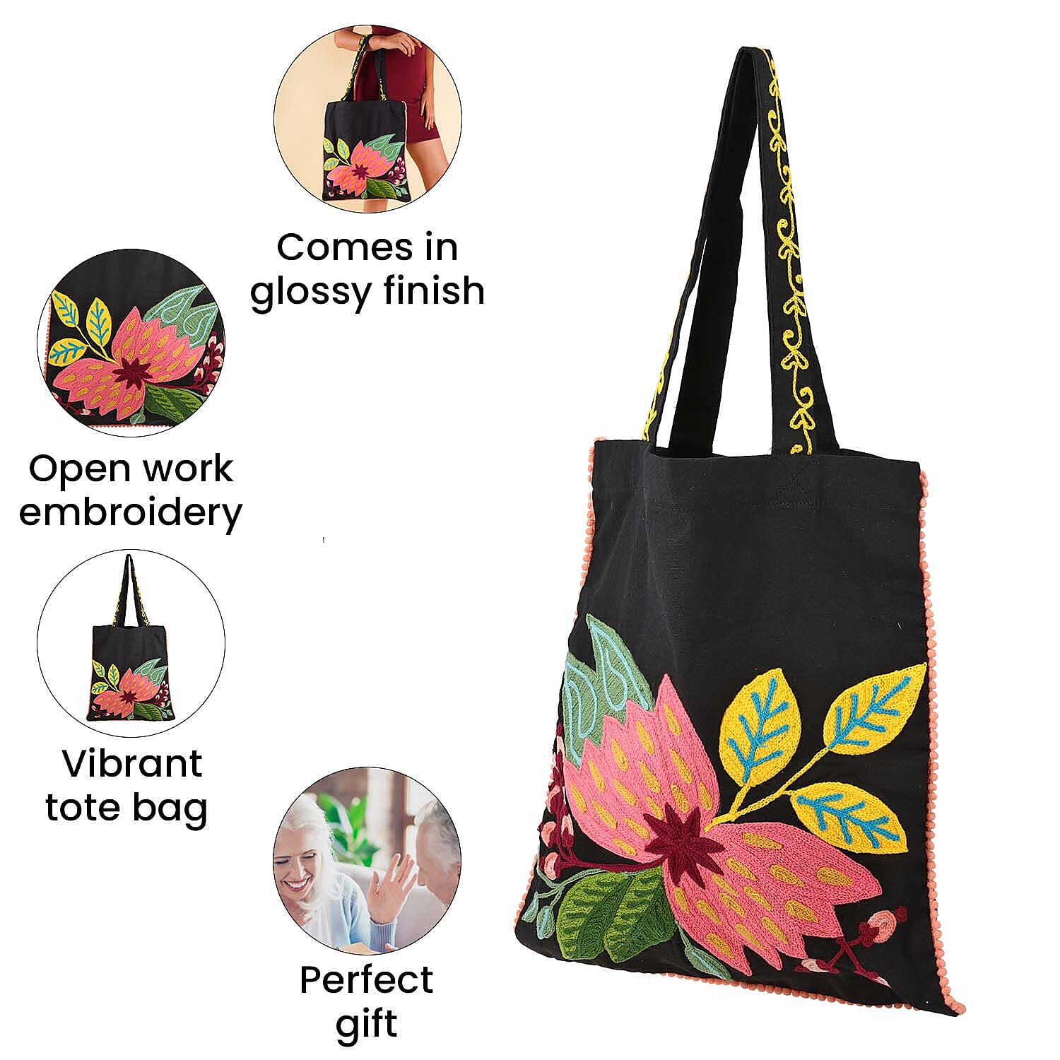 Floral Embroidered Multi Purpose Tote Bag - Black