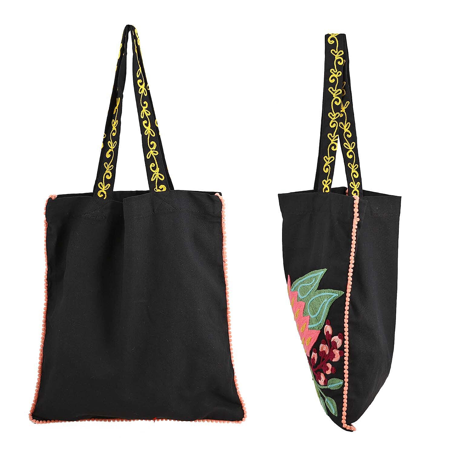 Floral Embroidered Multi Purpose Tote Bag - Black