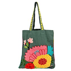 Canvas Fabric Tote Bag with Colourful Thread Work - Green