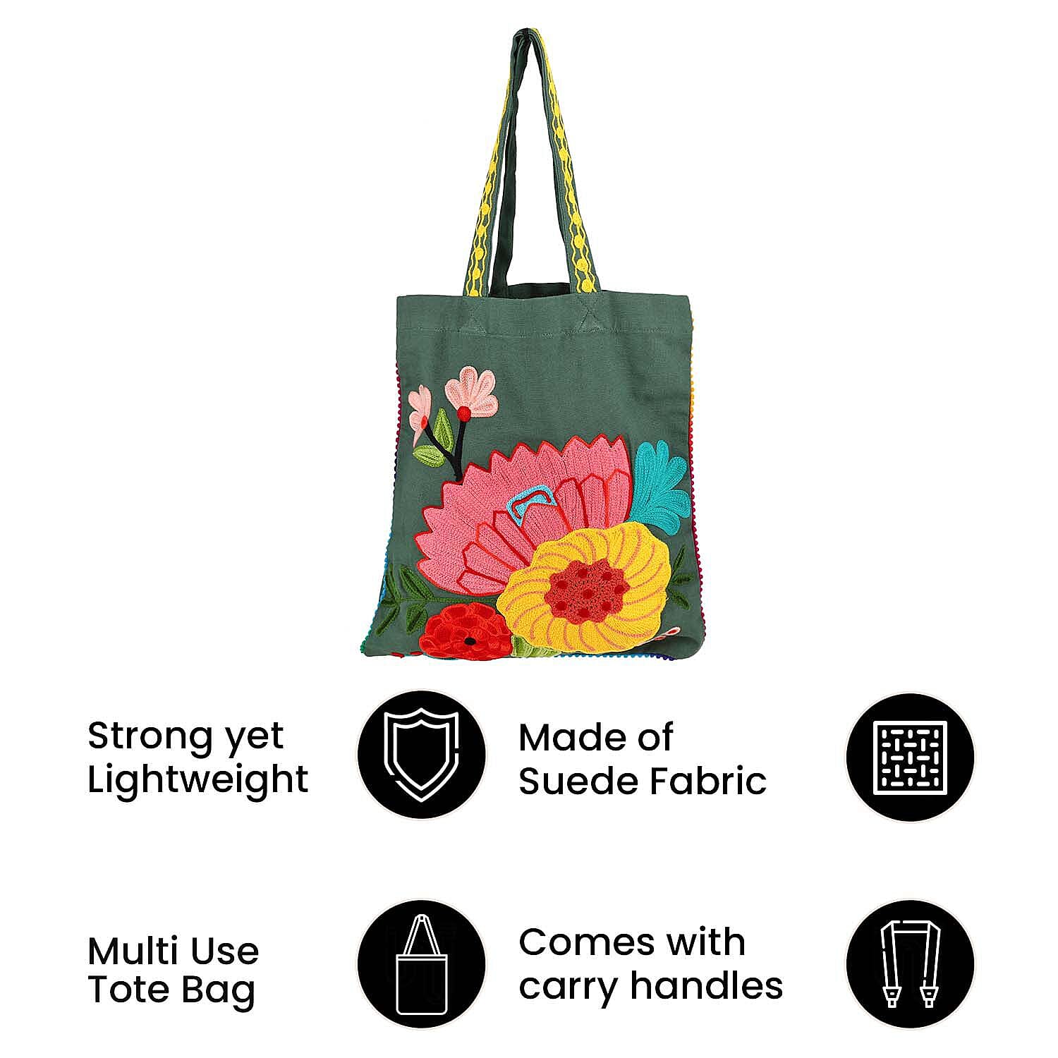 Floral Embroidered Multi Purpose Tote Bag - Green