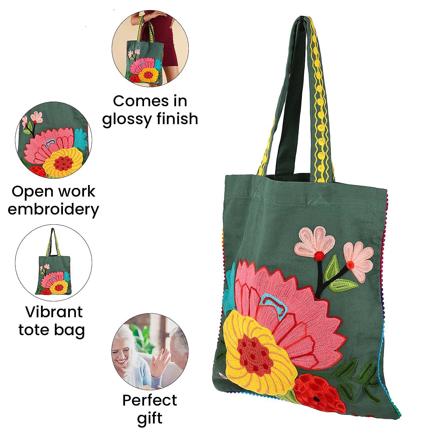 Floral Embroidered Multi Purpose Tote Bag - Green