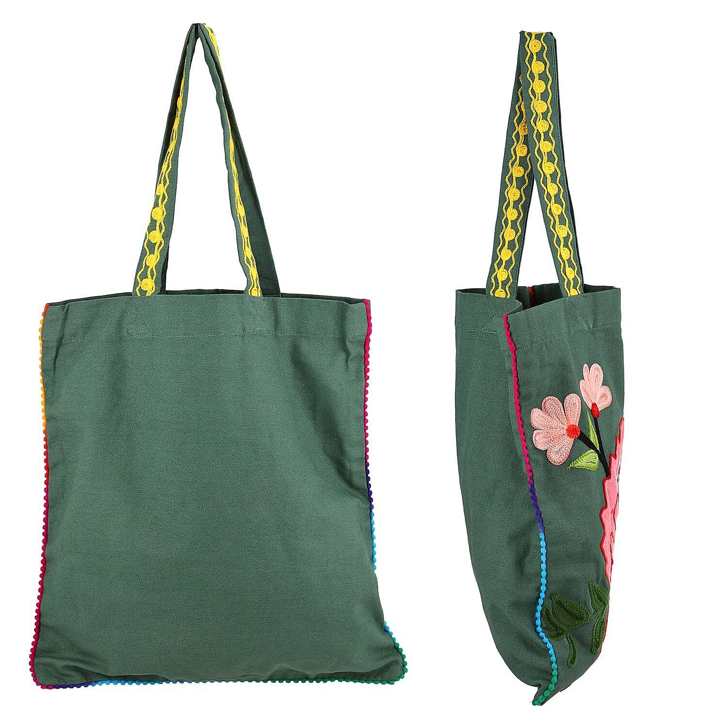 Floral Embroidered Multi Purpose Tote Bag - Green